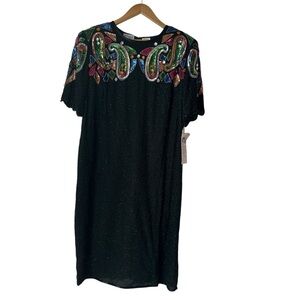 Vintage Stenay Black Silk Gown, Beaded Sequin Cocktail Dres